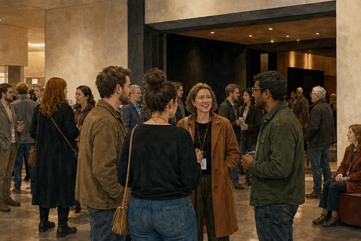 Illustration of an independent film festival gathering in a small contemporary cinema foyer and screening space. Candid participation view.