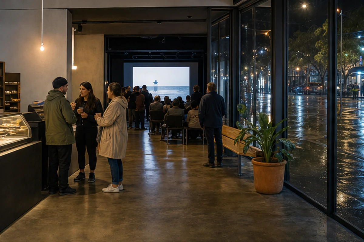 Illustration of an independent film festival gathering in a small contemporary cinema foyer and screening space. Alternate light or weather.