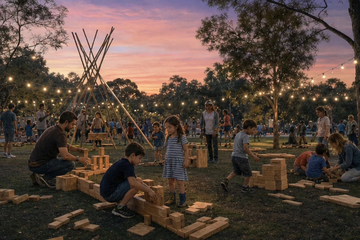 Illustration of a welcoming family festival with supervised creative play and outdoor activities in a public park. Alternate light or weather.