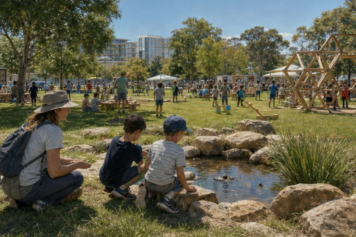 Illustration of a welcoming family festival with supervised creative play and outdoor activities in a public park. Alternate viewpoint.