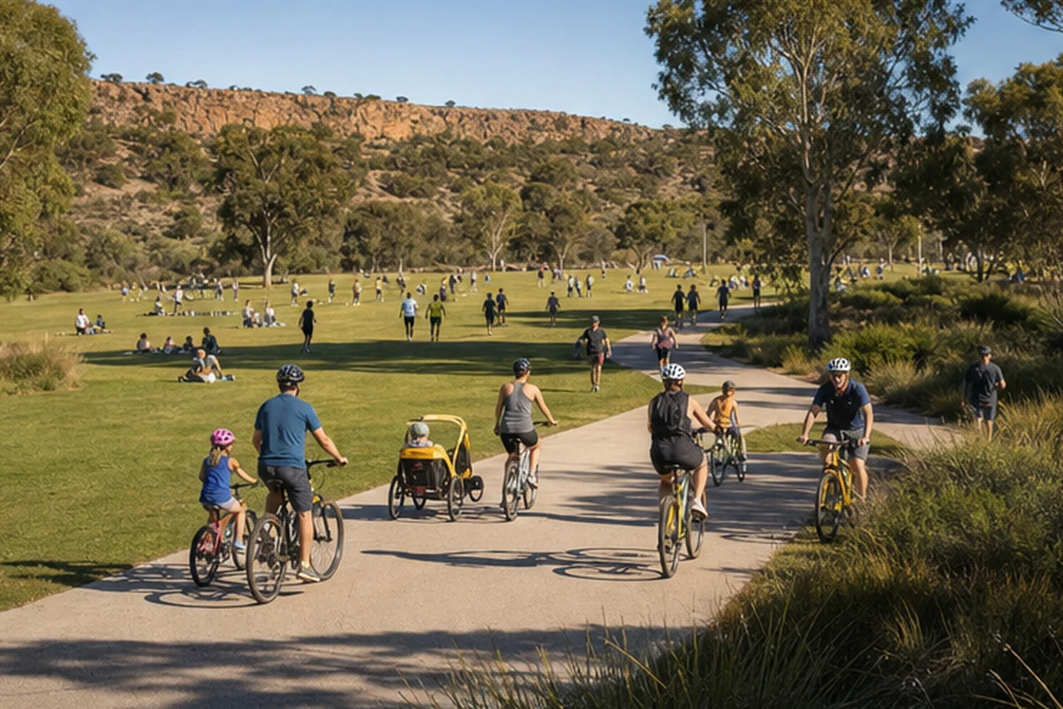 Illustration of an inclusive community sports festival with recreational running and cycling activities on an open reserve. Alternate viewpoint.