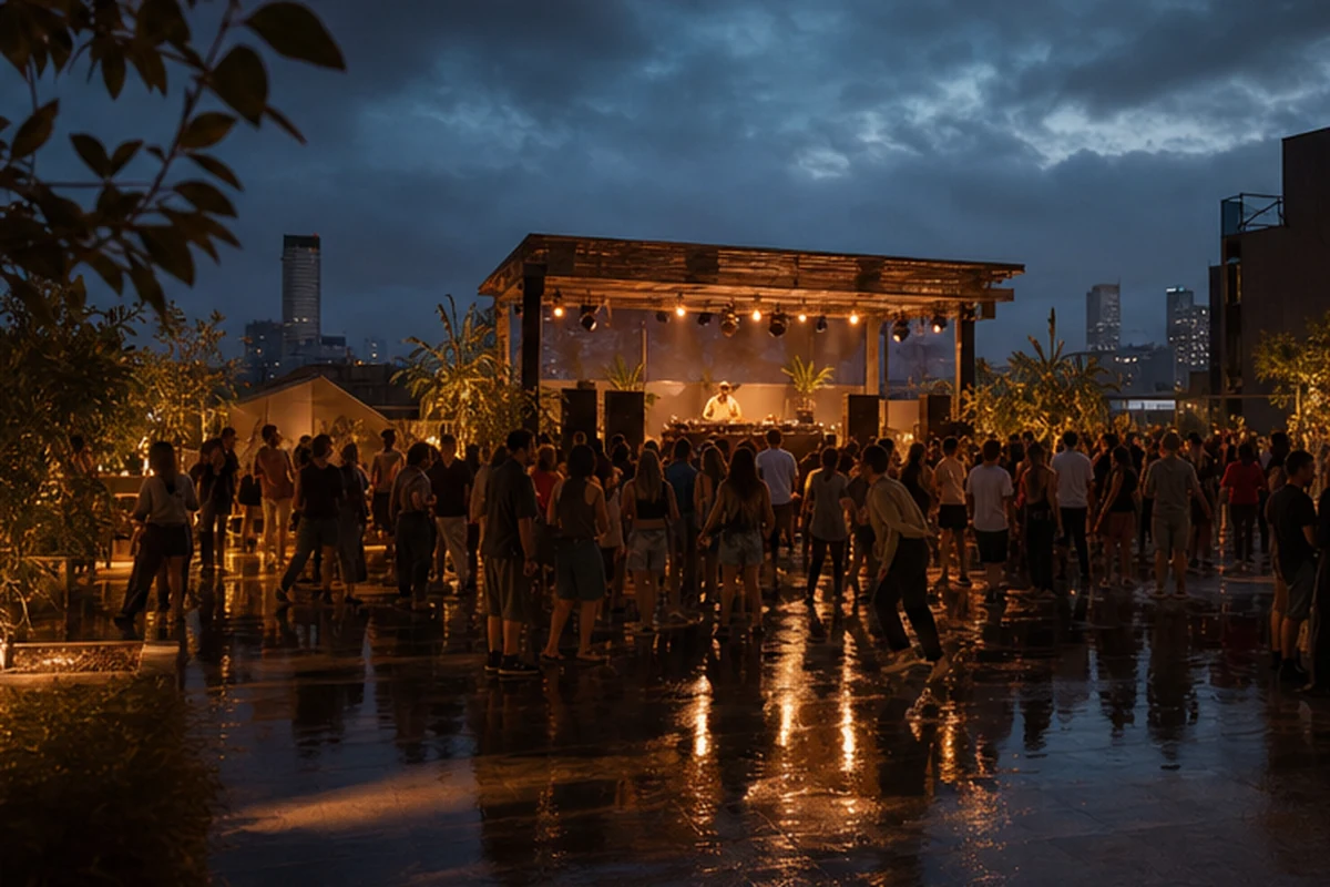 Illustration of an early-evening dance festival with a DJ stage and adult crowd in a tasteful urban venue. Alternate light or weather.