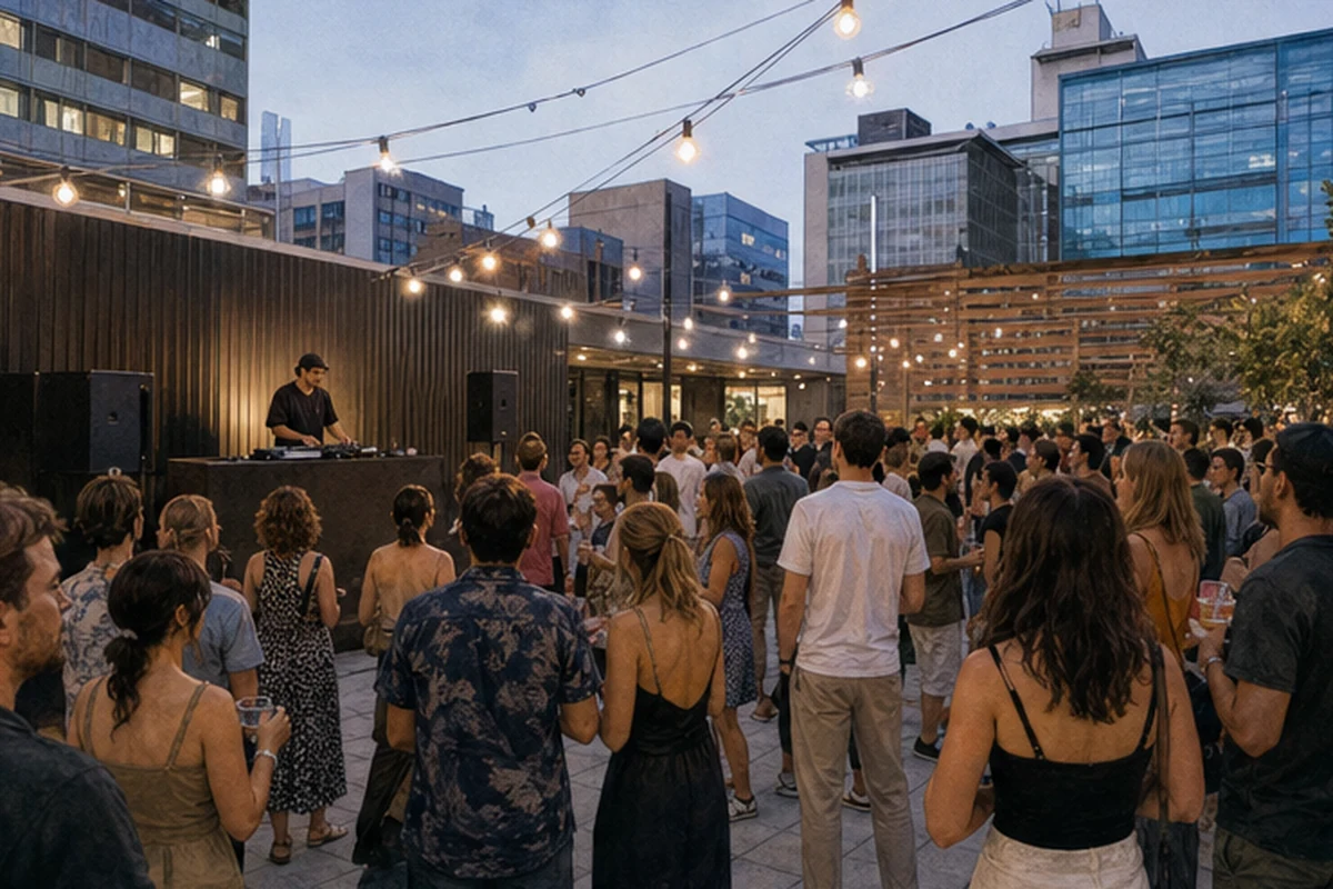 Illustration of an early-evening dance festival with a DJ stage and adult crowd in a tasteful urban venue. Alternate viewpoint.