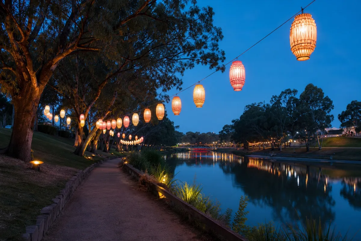 Illustration of a lantern-lit walking trail beside a calm South Australian river.