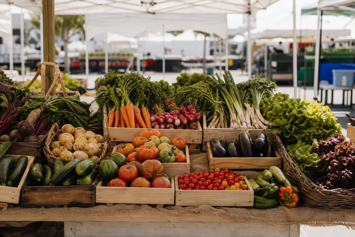 Illustration of a South Australian farmers market with abundant fresh fruit and vegetables.
