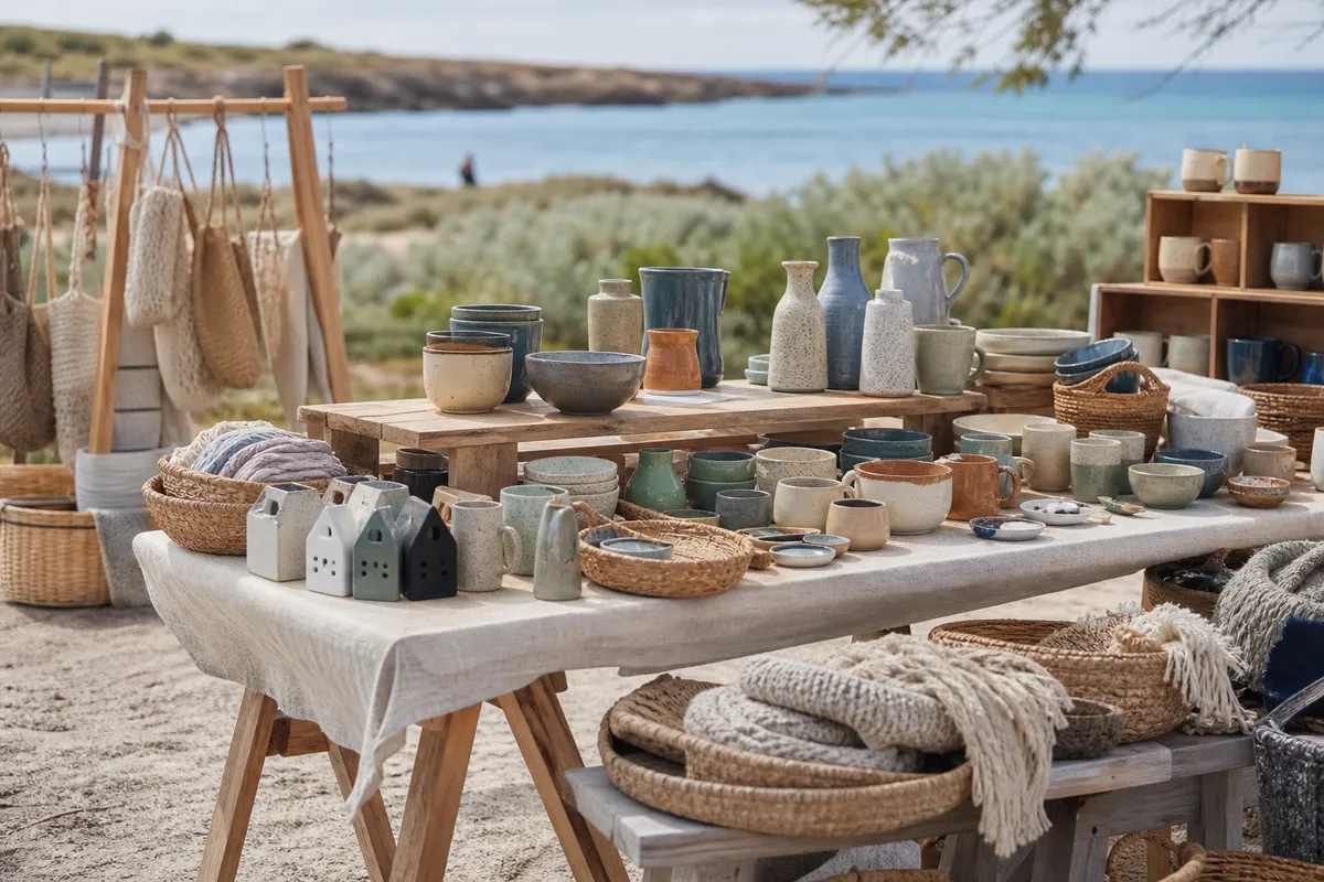 Illustration of a coastal craft market with handmade goods near the sea.