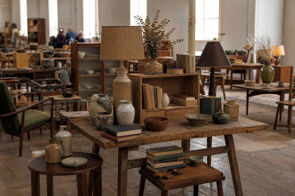Illustration of an indoor vintage market with furniture and collected objects.