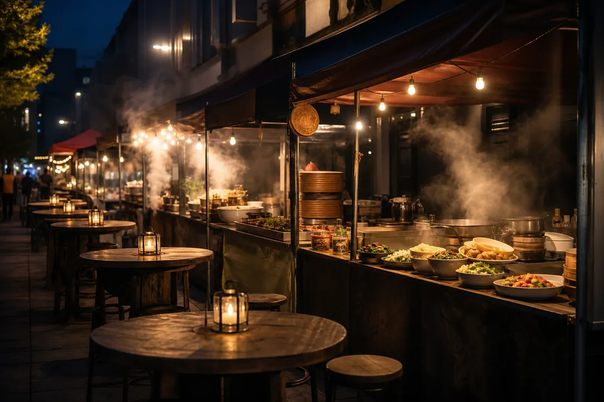 Illustration of a lively night food market with outdoor cooking stalls.