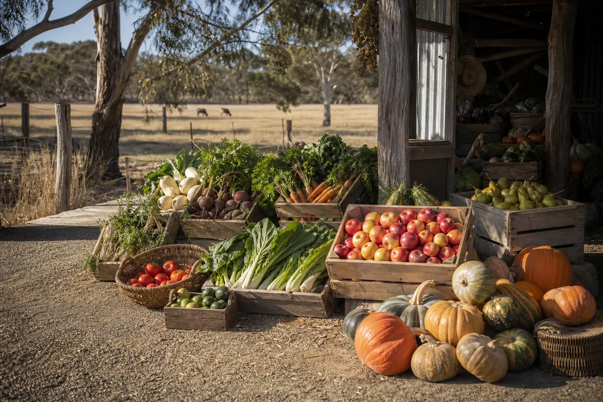 Illustration of a farm gate market displaying seasonal South Australian produce.