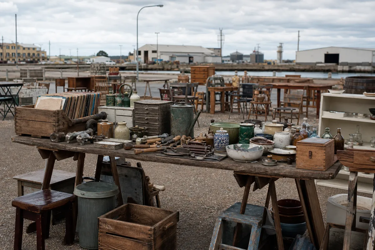 Illustration of a port-side flea market with second-hand objects and open-air stalls.