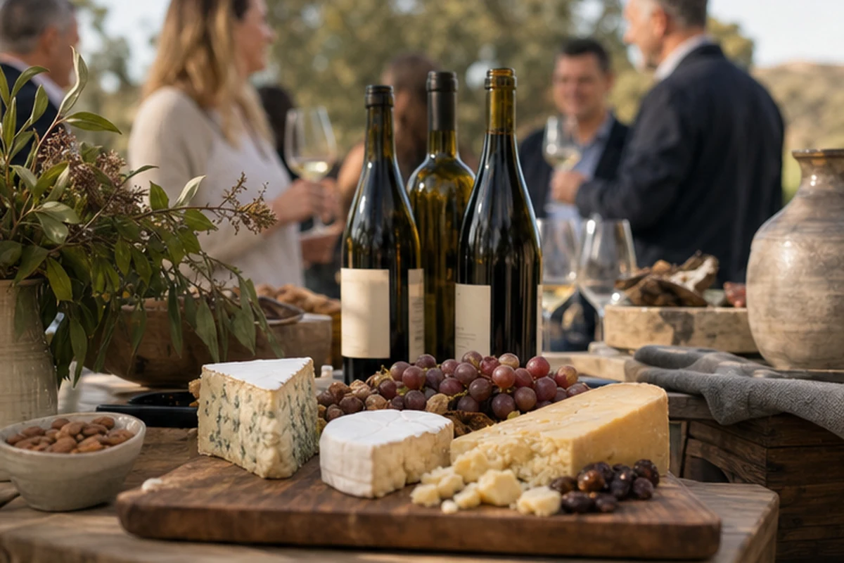 Illustration of a relaxed regional wine and cheese tasting market beside a South Australian cellar door. Detail-led view.