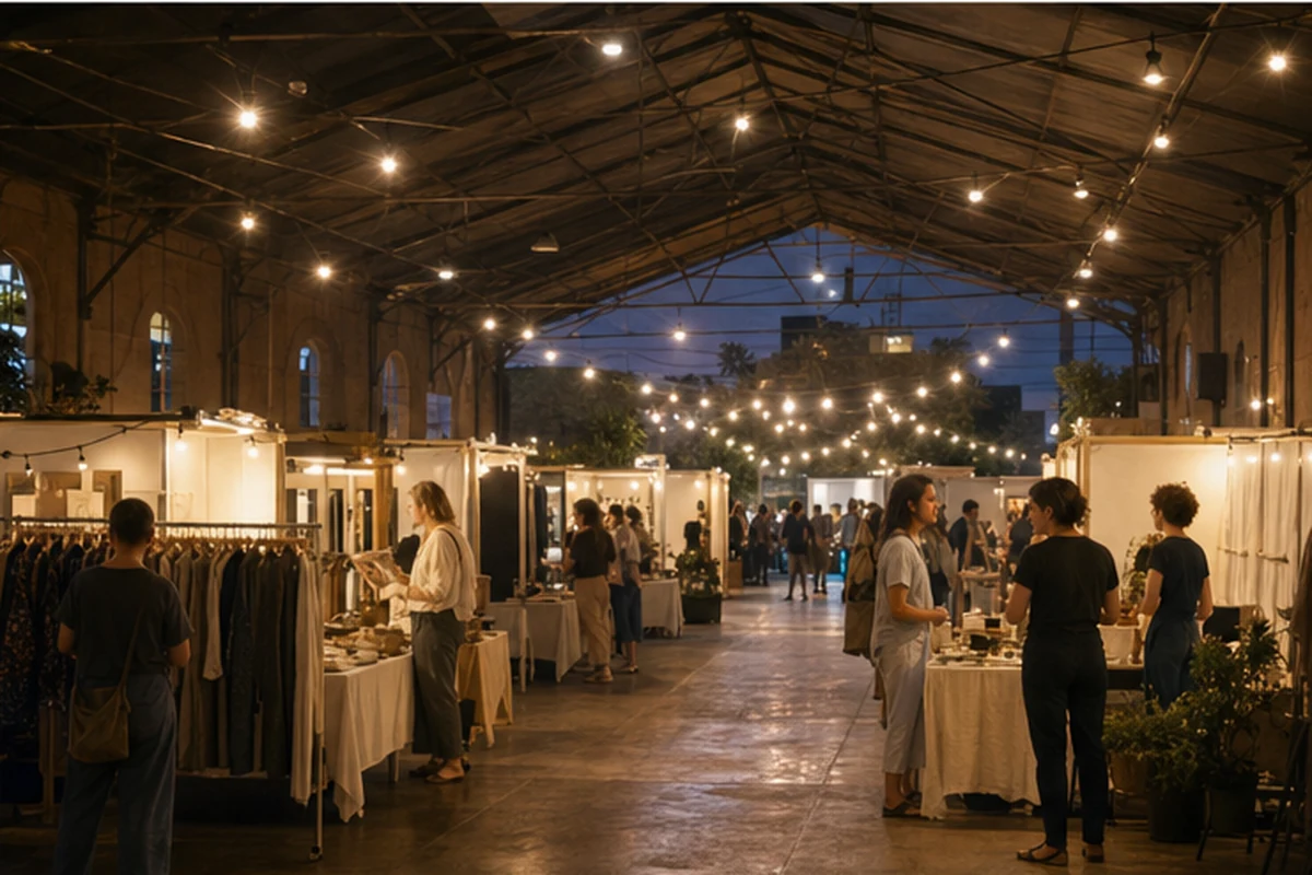 Illustration of an independent fashion and textile market with well-spaced designer stalls in a bright hall. Alternate light or weather.