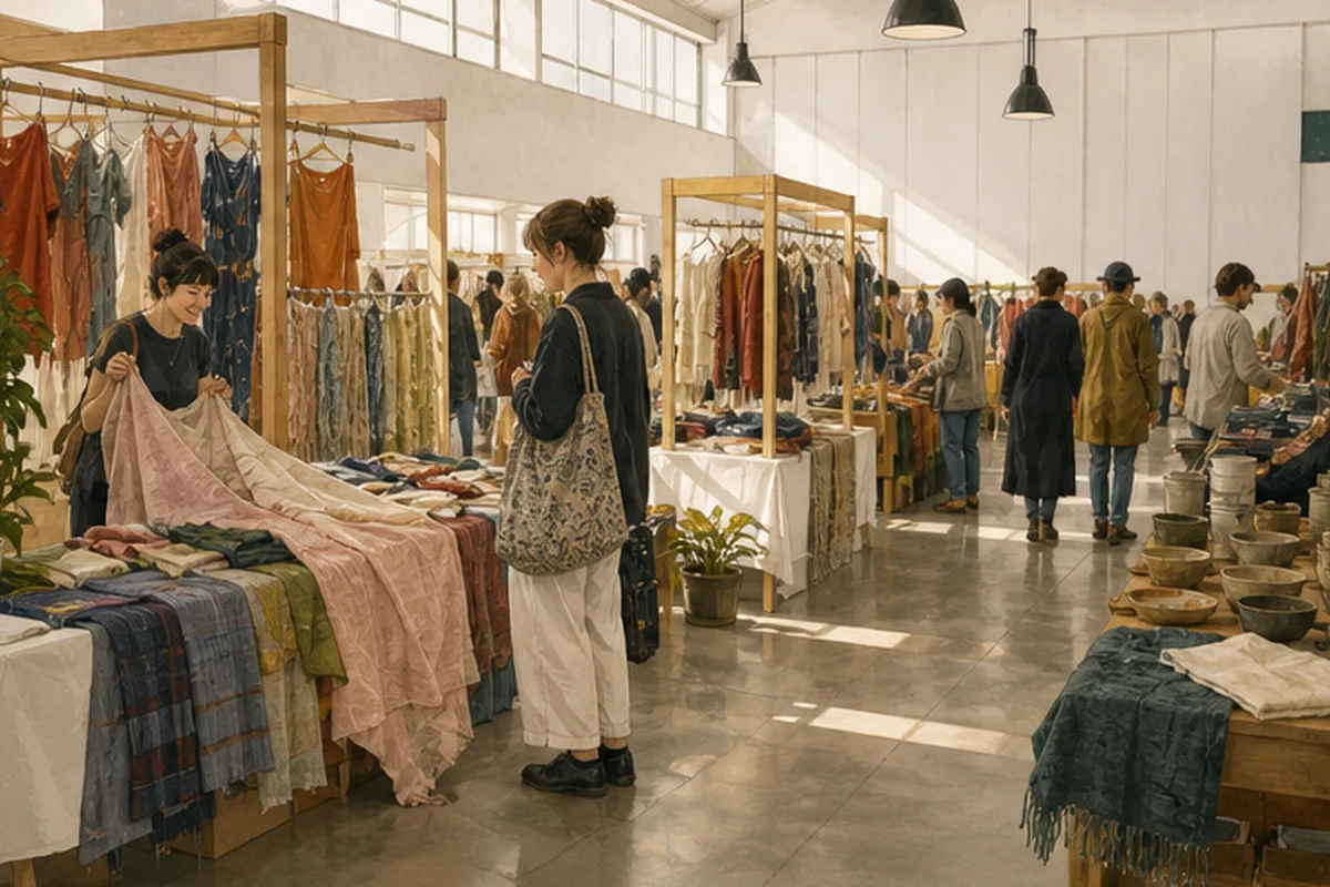 Illustration of an independent fashion and textile market with well-spaced designer stalls in a bright hall. Alternate viewpoint.